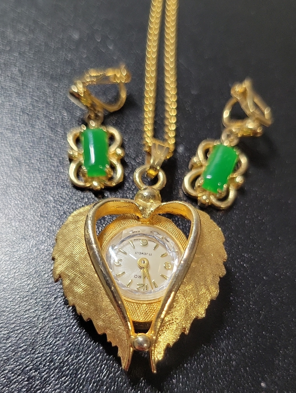 Gold-Tone Leaf Heart Pendant Watch Necklace with Green Stone Earrings